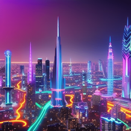 An image that portrays a bustling cityscape illuminated by vibrant neon lights, where holographic icons of innovative technologies like blockchain, AI, and virtual reality hover above futuristic skyscrapers, symbolizing the potential of groundbreaking ICOs