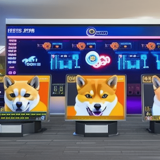 An image capturing the vibrant chaos of a bustling stock market, with large digital screens displaying Dogecoin, Shiba Inu, and SafeMoon logos amidst a sea of traders wearing meme-inspired masks