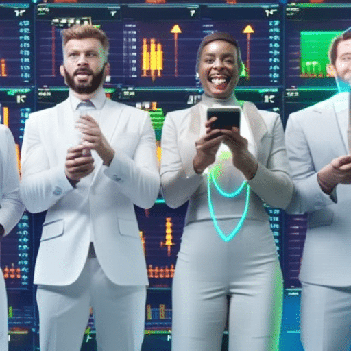 An image showcasing a diverse group of people, each holding digital devices and wearing expressions of excitement, as they monitor their investments in meme coins on a futuristic holographic screen