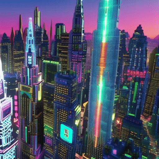 Nt digital landscape showcasing a bustling metropolis of towering skyscrapers, each adorned with neon signs representing different cryptocurrencies