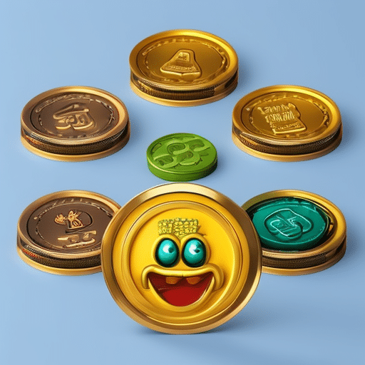An image showcasing a vibrant digital marketplace where cartoon-like dog and frog characters symbolize meme coin exchanges, surrounded by stacks of virtual currency and an assortment of whimsical emojis