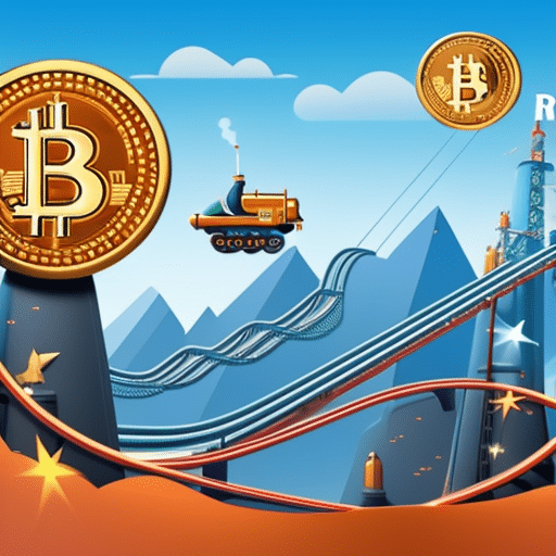 An image showcasing a rollercoaster ride with a rocket-themed train, soaring high above a sea of crypto charts and graphs