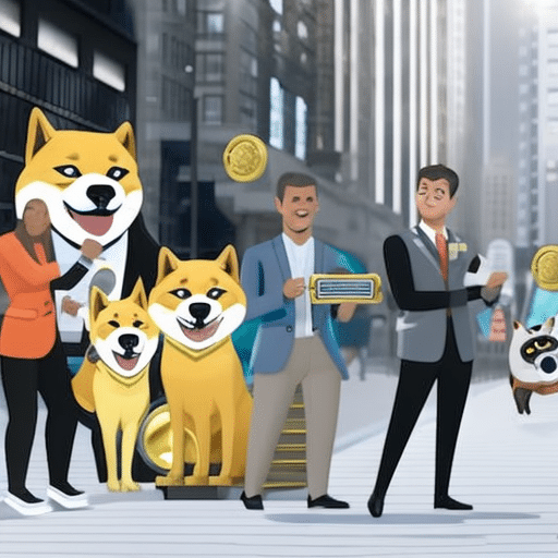 An image showcasing a diverse group of people in a bustling stock market environment, with individuals joyfully exchanging Dogecoin, Shiba Inu, and other meme coins, highlighting the excitement and potential of meme coin investments