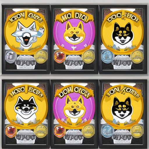 An image featuring a collage of vibrant and comical illustrations, showcasing popular meme coins like Dogecoin and Shiba Inu