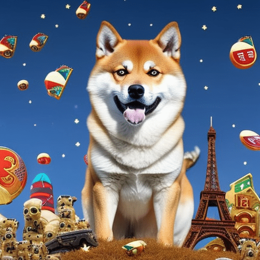 An image featuring a svelte Shiba Inu with a playful expression, standing proudly on a vibrant digital landscape adorned with countless whimsical Dogecoin symbols floating in the air around it