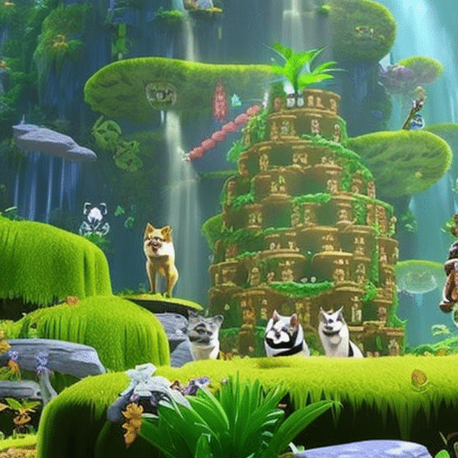 An image showcasing a vibrant crypto jungle, with towering trees made of popular memes, while animated animals like Doge and Pepe frolic in the foreground, capturing the frenzy of meme token hype