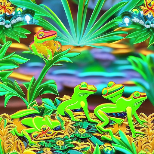 An image showcasing a vibrant digital landscape, adorned with a kaleidoscope of neon frogs, each emitting a unique glow