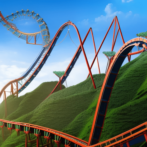 An image showcasing a roller coaster soaring through a chaotic digital landscape, with vibrant colors and exaggerated peaks and valleys, illustrating the wild and unpredictable nature of meme coin prices