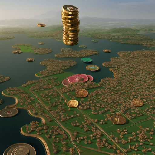 An image showcasing five vibrant, eye-catching coins floating above a virtual landscape