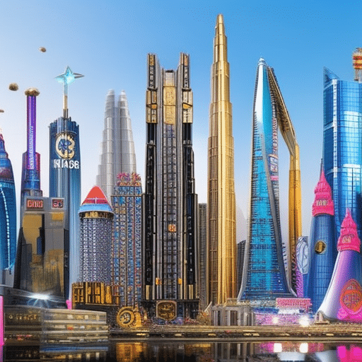 An image showcasing a vibrant, futuristic cityscape with towering skyscrapers adorned with popular cryptocurrency logos