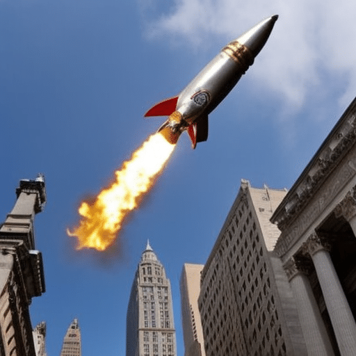 An image showcasing a rocket-shaped meme coin soaring above a crumbling Wall Street, symbolizing the disruptive impact of Wall Street memes
