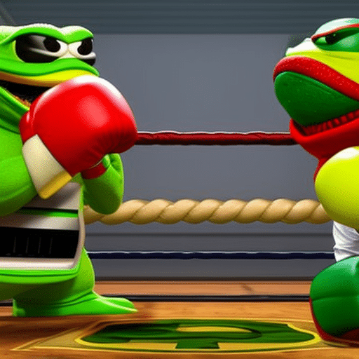 An image that showcases two popular internet memes, Pepe the Frog and Meme Kombat, facing off in a digital arena