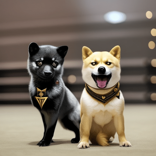 An image showcasing a fierce battle between a cute, playful Baby Doge Coin and a mighty, menacing Meme Kombat character