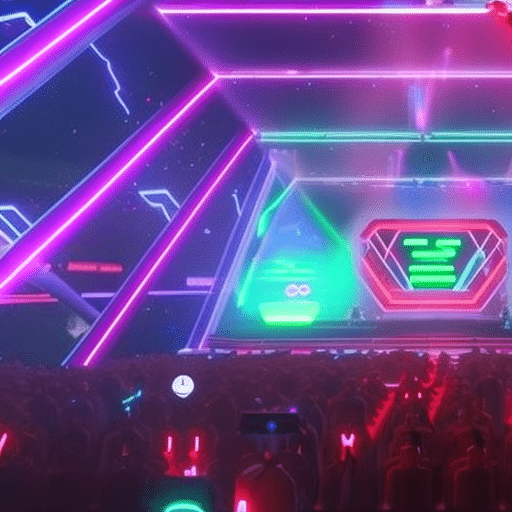 An image showcasing a virtual arena, bathed in neon lights, where animated avatars representing popular memes engage in an epic battle