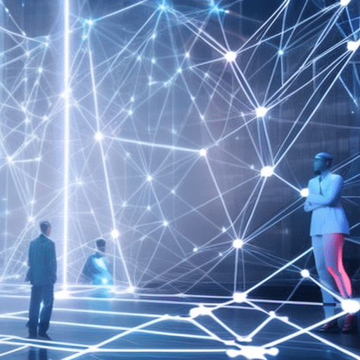 An image depicting a futuristic setting with a group of diverse individuals, connected through a network of glowing data streams, exchanging information with a central AI system, symbolizing the potential of ICO AI technology