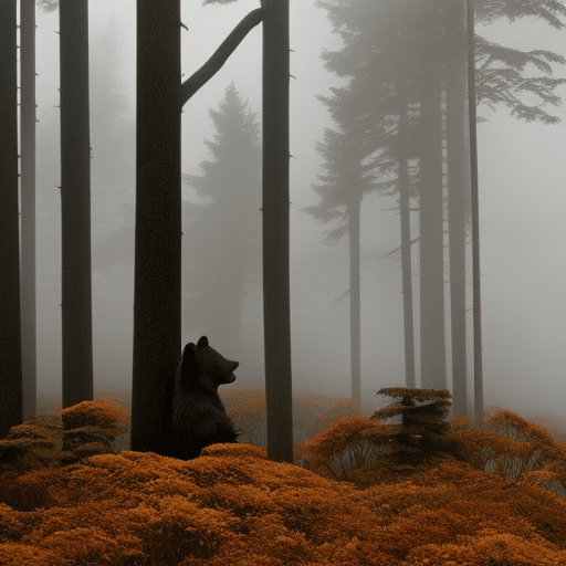 An image depicting a desolate landscape of barren trees surrounded by a thick fog; in the foreground, a forlorn bear statue, symbolizing the ICO bear market, stands amidst fallen leaves and wilted flowers
