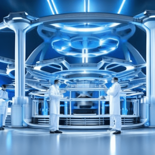 An image of a futuristic laboratory, illuminated by a soft blue light, with scientists in white lab coats surrounded by advanced biotech equipment, meticulously conducting experiments on cellular structures and DNA strands