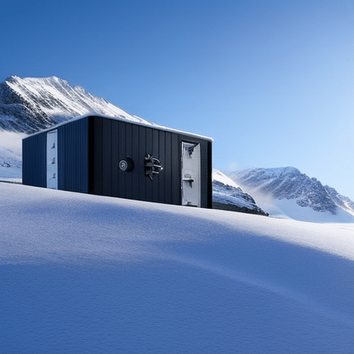 An image showcasing a secure, frosty vault with intricate lock mechanisms, nestled amidst a snowy mountain range