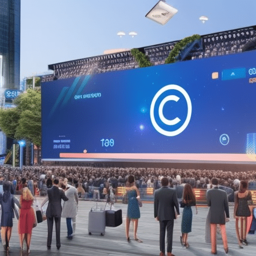 An image showcasing a bustling crowd gathered around a digital billboard displaying various cryptocurrencies, as people eagerly exchange tokens, symbolizing the thrilling and lucrative atmosphere of ICO crowdsales