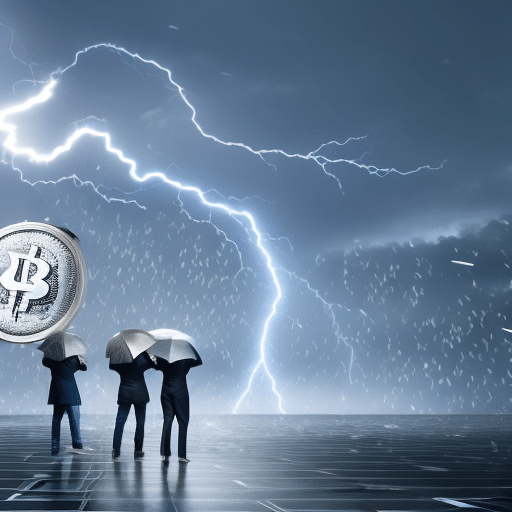 An image showcasing a stormy night with a lightning bolt striking a trembling cryptocurrency symbol, surrounded by frightened investors holding umbrellas, symbolizing the fear and uncertainty surrounding ICOs