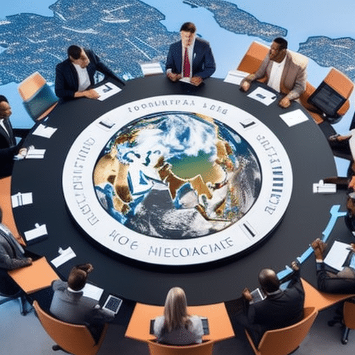 An image featuring a diverse group of individuals seated around a round table, each holding a unique digital token