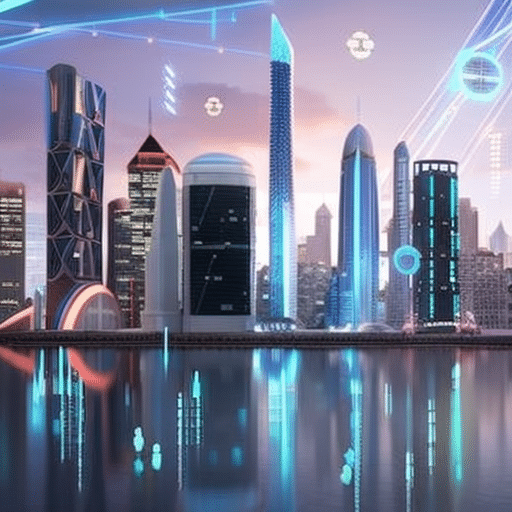 An image featuring a diverse group of individuals, each holding a unique digital token, surrounded by a futuristic cityscape with holographic charts and graphs displaying the potential of ICOs