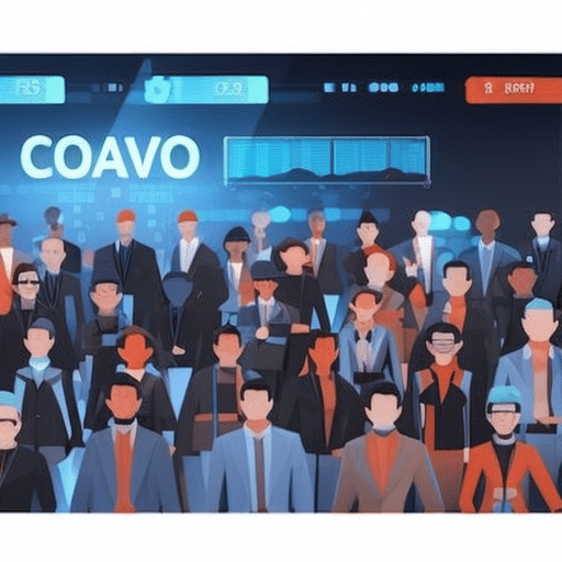 An image showcasing a crowd of eager investors, their faces lit up by the glow of computer screens, as they anxiously wait to participate in an ICO, surrounded by vibrant charts and graphs symbolizing the excitement and frenzy of ICO hype
