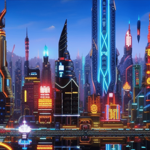 Ze a vibrant digital metropolis bustling with futuristic skyscrapers and neon-lit billboards, where shimmering tokens seamlessly flow through the cityscape