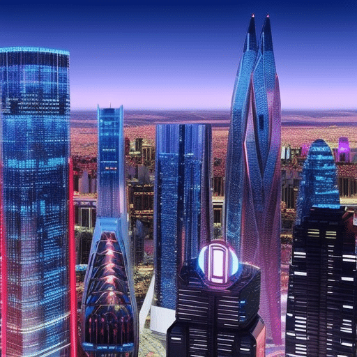 An image showcasing a futuristic cityscape with a multitude of towering skyscrapers adorned with digital billboards, symbolizing the potential of ICOs