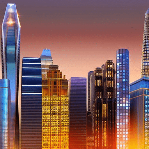 An image showcasing a futuristic cityscape with towering skyscrapers, adorned with holographic projections of different properties