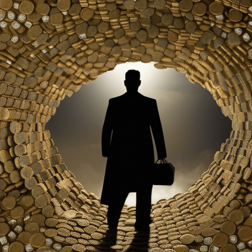 An image depicting a shadowy figure surrounded by stacks of cryptocurrency coins, while a group of unsuspecting individuals reach out towards the figure, symbolizing the allure and danger of ICO scams
