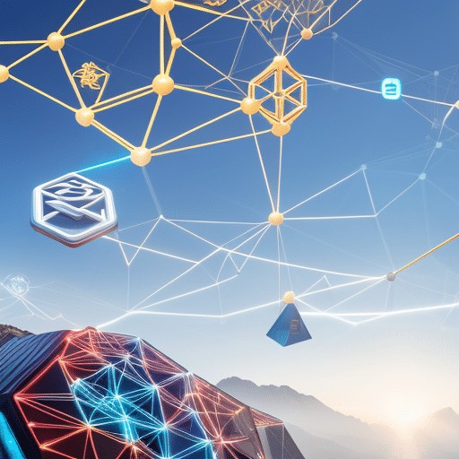 An image depicting a vibrant digital landscape where social media icons intertwine with blockchain symbols, forming a dynamic connection