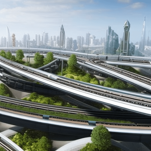 An image showcasing a futuristic transportation system for ICO, featuring sleek, aerodynamic vehicles gliding effortlessly on elevated magnetic tracks, surrounded by lush greenery and modern skyscrapers in a bustling cityscape