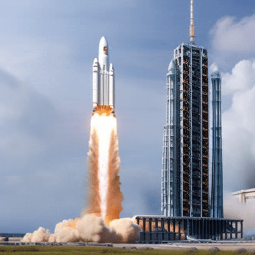 An image showcasing a futuristic rocket blasting off, symbolizing an Initial Coin Offering (ICO), while a traditional business building with a crowd of investors represents an Initial Public Offering (IPO)