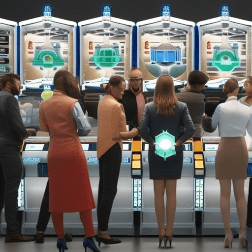 An image showcasing a diverse group of individuals, eagerly gathered around a futuristic virtual coin dispenser