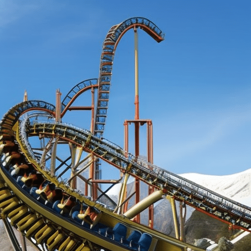 An image showcasing a whimsical roller coaster with meme coins as carriages, soaring through peaks and plunging into valleys, indicating the volatile nature of the meme coin market