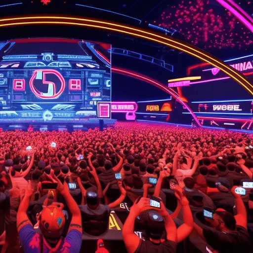 An image showcasing a bustling digital arena, packed with vibrant memes battling it out on a neon-lit stage