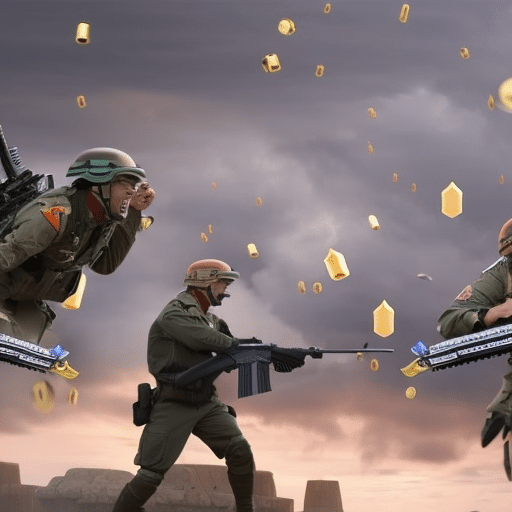 An image depicting a fierce, comical battle between an army of animated memes and a swarm of crypto airdrops, with memes armed with weapons like keyboards and crypto airdrops raining down from the sky