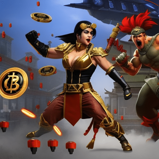 An image showcasing a fierce battle between Meme Kombat characters and a shower of Crypto Airdrops, with vibrant memes wielding their weapons against a backdrop of falling cryptocurrency tokens