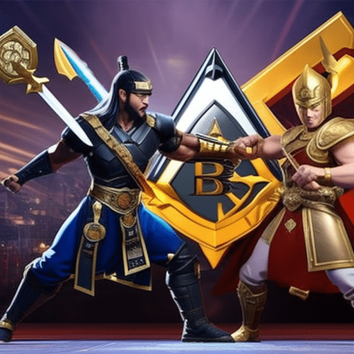 An image showcasing two warriors engaged in an epic battle: on one side, Meme Kombat, armed with a keyboard and a shield adorned with popular memes; on the other side, Crypto Controversies, wielding a sword made of blockchain technology and a shield displaying various cryptocurrencies