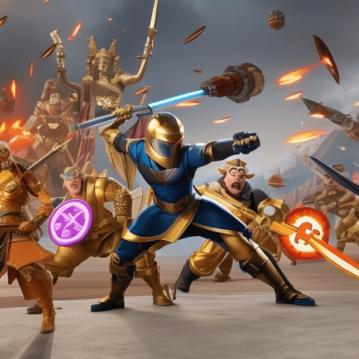 An image showcasing a fierce battle between iconic internet memes and powerful crypto giants, with memes represented by comical characters wielding hilarious weapons, while the crypto giants exude an aura of strength and sophistication