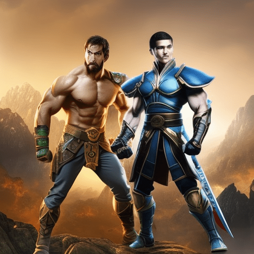 An image showcasing two warriors, one representing Meme Kombat, armed with hilarious and viral memes, and the other representing Crypto Historical Data, armed with intricate graphs and charts, engaging in an epic battle