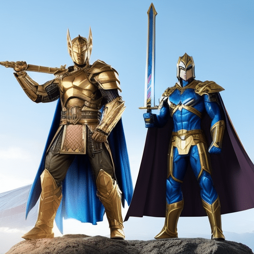An image showcasing two colossal warriors: on one side, a meme-inspired superhero armed with a glowing keyboard, and on the other, a futuristic knight wielding a mighty blockchain sword