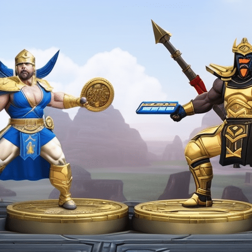 An image showcasing a fierce battle between two giant warriors, one representing Meme Kombat armed with an arsenal of hilarious memes, and the other symbolizing notable crypto coins equipped with powerful blockchain technology