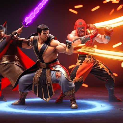 An image showcasing a digital arena where the iconic Meme Kombat characters engage in an epic battle against various other meme cryptocurrencies, symbolizing the competition and clash between these digital assets
