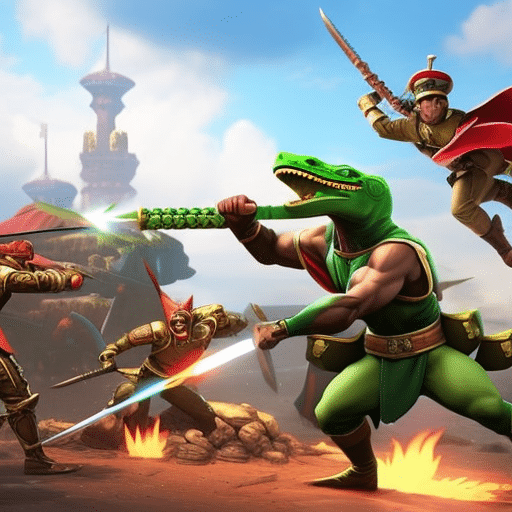 An image depicting two mighty armies clashing on a digital battlefield, one representing Meme Kombat's powerful alliances with diverse fighters, and the other symbolizing Pepe Coin's army of mischievous amphibians