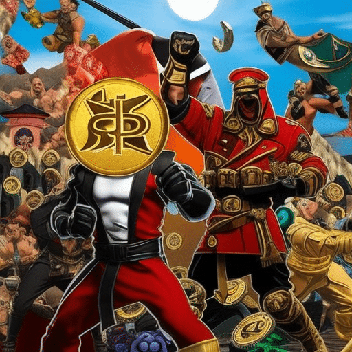 An image showcasing Meme Kombat's impact on the crypto world: a vibrant collage featuring iconic memes merging with cryptocurrency symbols, forming a dynamic battlefield where Doge, Pepe, and Bitcoin warriors clash