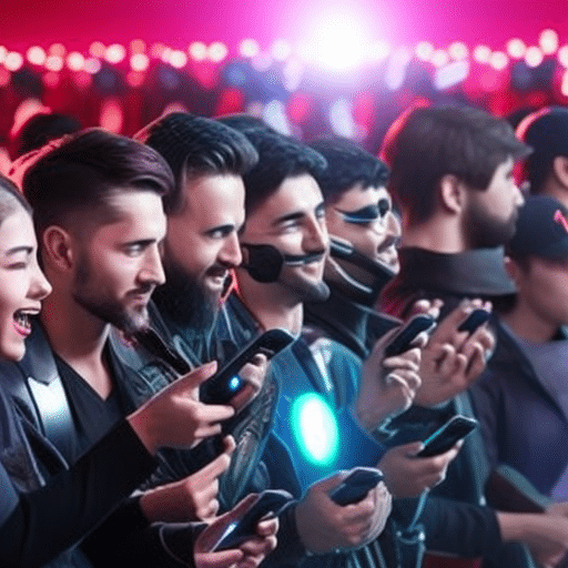 An image showcasing a crowd of enthusiastic gamers, eagerly holding smartphones and exchanging virtual tokens in a futuristic virtual arena, symbolizing the groundbreaking impact of Meme Kombat's Initial Coin Offering (ICO)