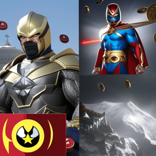 An image showcasing Meme Kombat's charity involvement and Pepe Coin's contrast, with Meme Kombat depicted as a superhero, actively engaged in charity work, while Pepe Coin appears as a stagnant coin lacking philanthropic impact