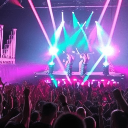 An image capturing Meme Kombat's explosive 2023 performance: vibrant stage lights illuminate a crowd of ecstatic fans, their hands raised high, as Meme Kombat members deliver a high-energy show, their electrifying music reverberating through the venue